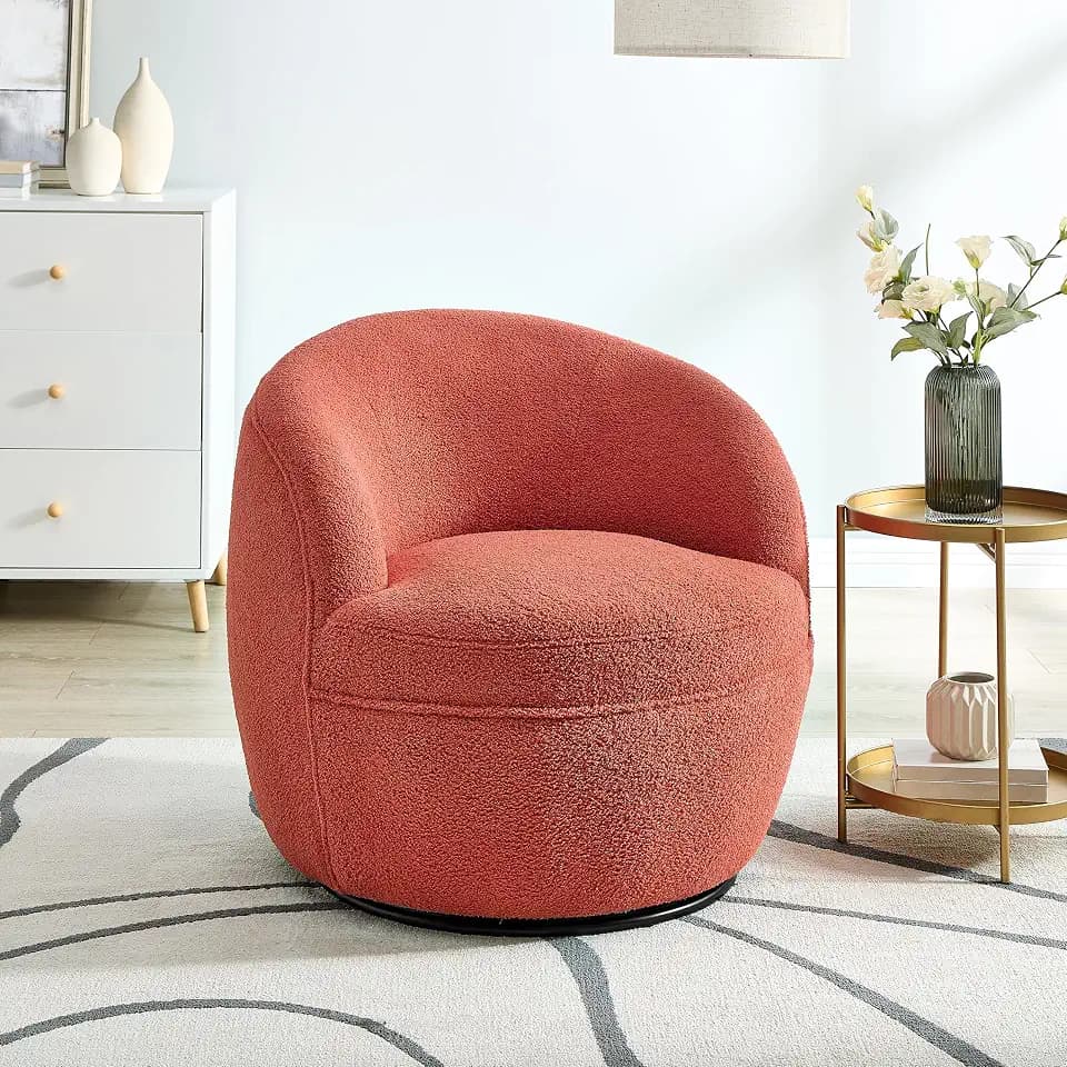 Roundhill Furniture Galleria 360 Swivel Teddy Sherpa Barrel Chair, Coral