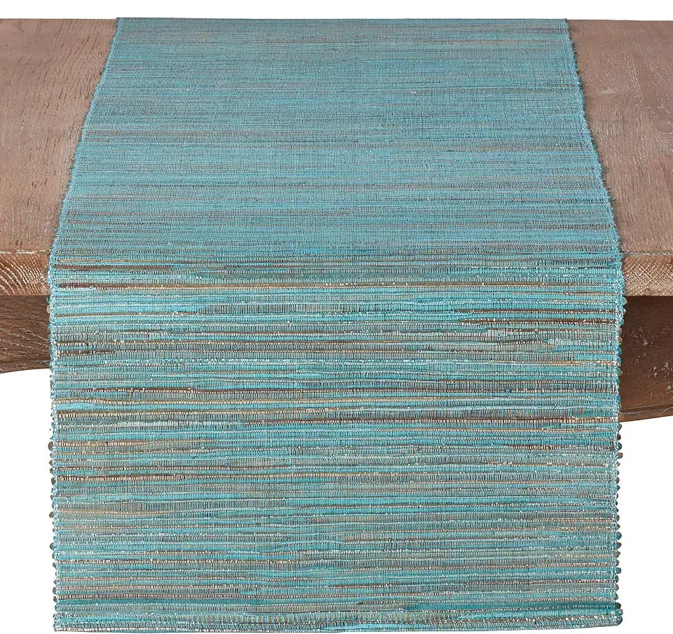 Saro Lifestyle Melaya Collection Shimmering Woven Nubby Table Runner, 14"x108", Turquoise