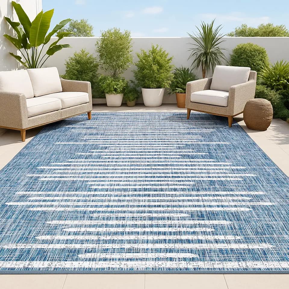 JONATHAN Y Stripe Geometric Indoor Outdoor Area Rug 6X9 Blue/Ivory, Zolak Berber for Backyard, Patio, Porch, Easy-Cleaning, High Traffic, Pet-Friendly, Non-Shedding (SMB124C-6)