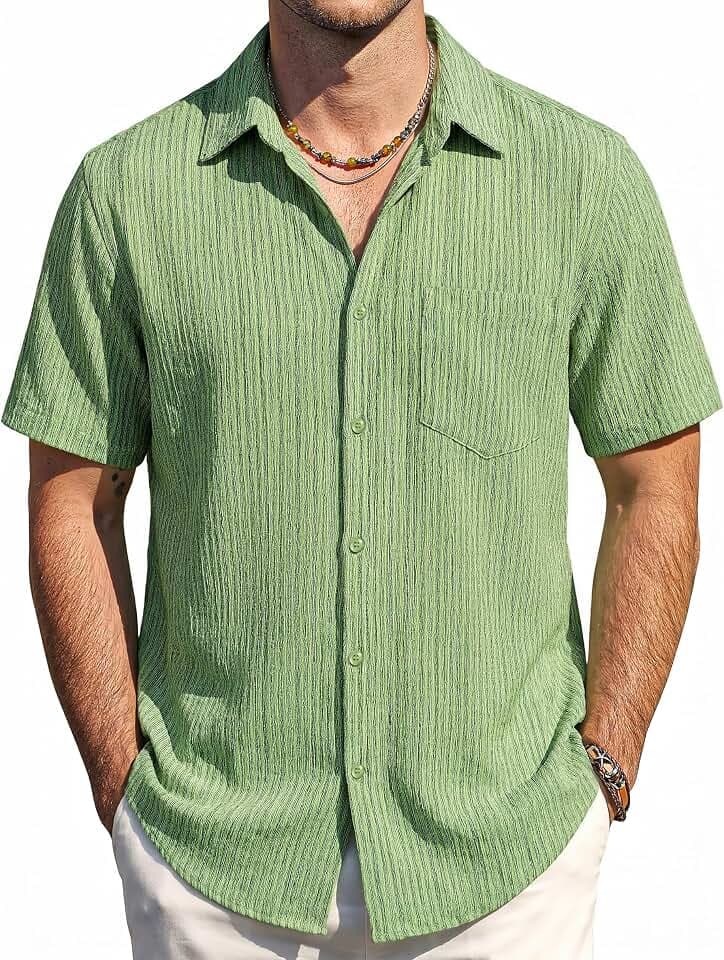 AOTIK Mens Casual Button Down Short Sleeve Shirt Striped Summer Beach Shirt