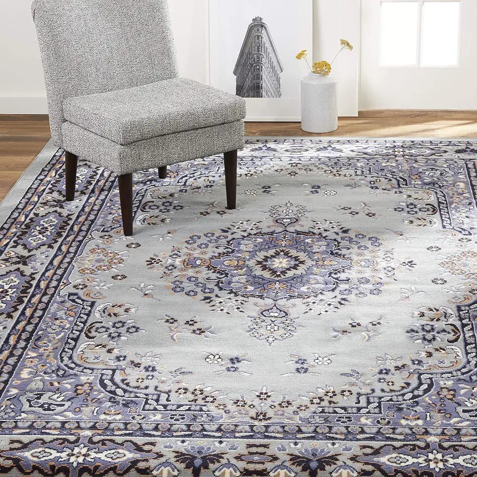 Home Dynamix Premium Sakarya Traditional Medallion Border Area Rug, Silver, 9'2"x12'5" Rectangle