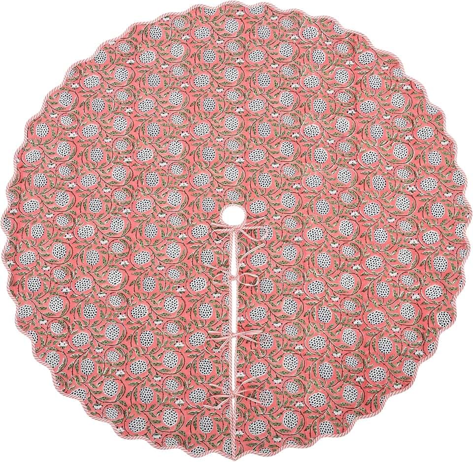Ridhi Dark Salmon Hand Block Print Cotton Christmas Tree Skirt 60 Inch