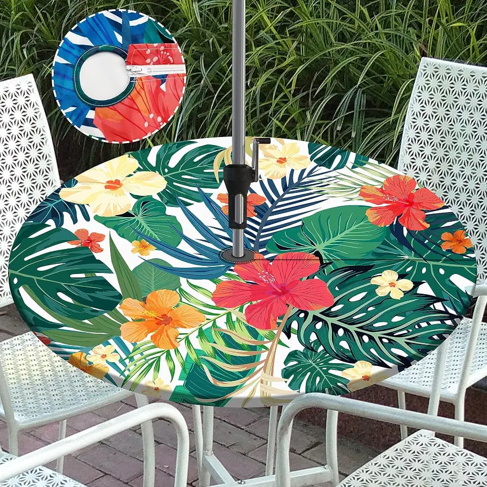 Palm Leaves Round Outdoor Tablecloth with Umbrella Hole Zipper Elastic Outdoor Table Cover Waterproof Fitted Tablecloth for Patio Picnic Party Fits 48-52" Diameter Round Tables