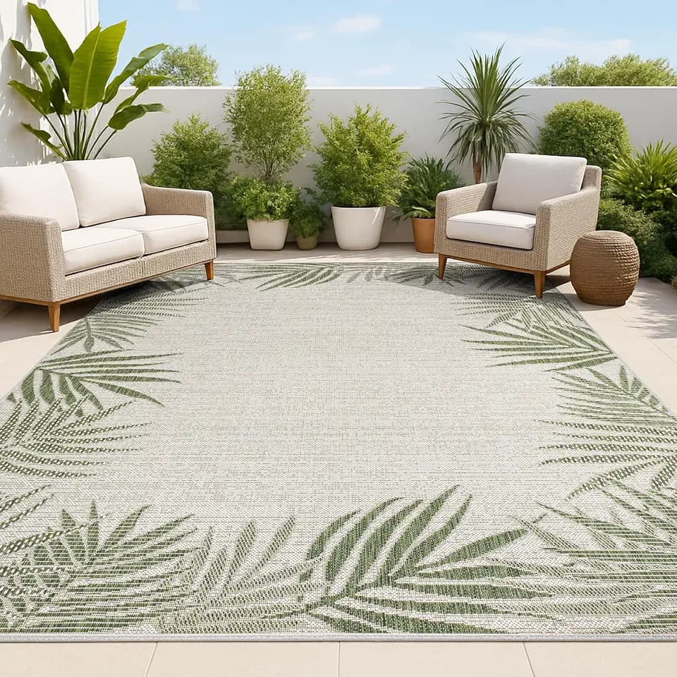 JONATHAN Y Palm Frond Border Indoor Outdoor Area Rug 8X10 Green/Cream, Isla Coastal Cottage for Backyard, Patio, Porch, Easy-Cleaning, High Traffic, Pet-Friendly, Non-Shedding (TSN207B-8)