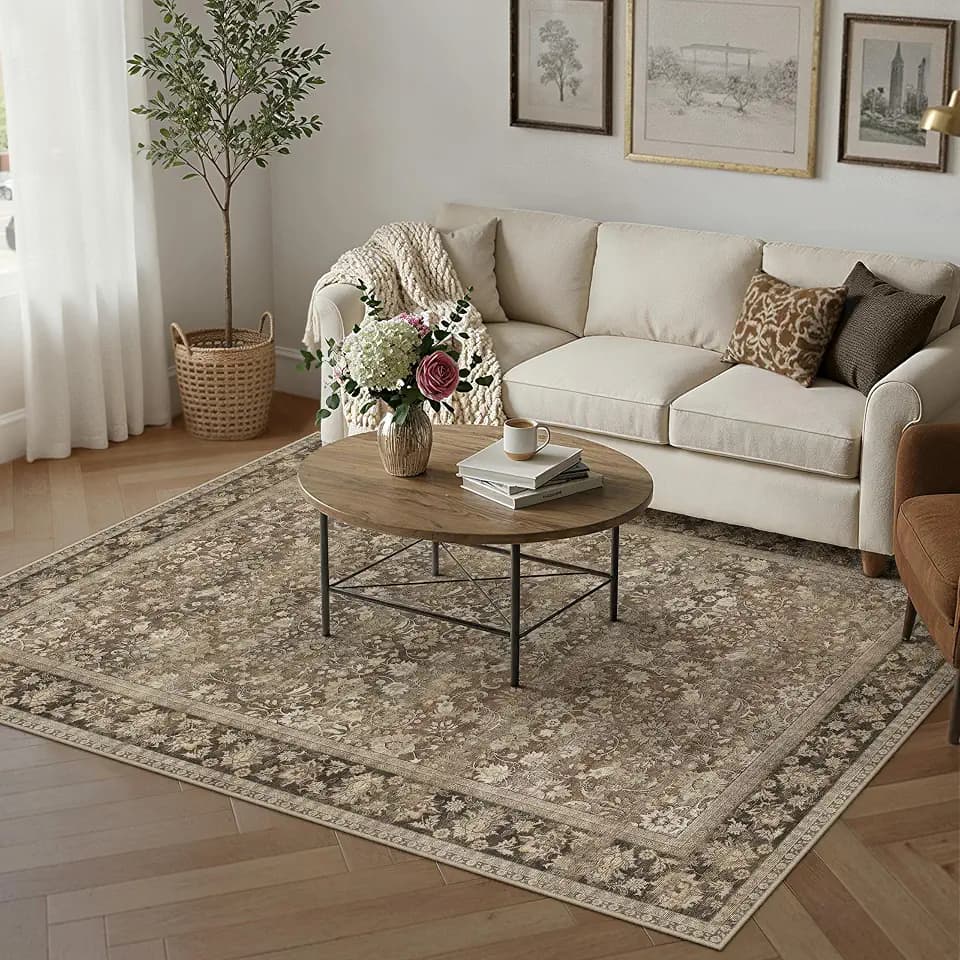 PureCozy Vintage Braun Teppich 150x210 cm Schlafzimmer, Teppiche Waschbar rutschfest für Wohnzimmer Balkon LäUfer KüChe Esszimmer BüRo Flach, Indoor Modern Weicher Kurzflor Carpet