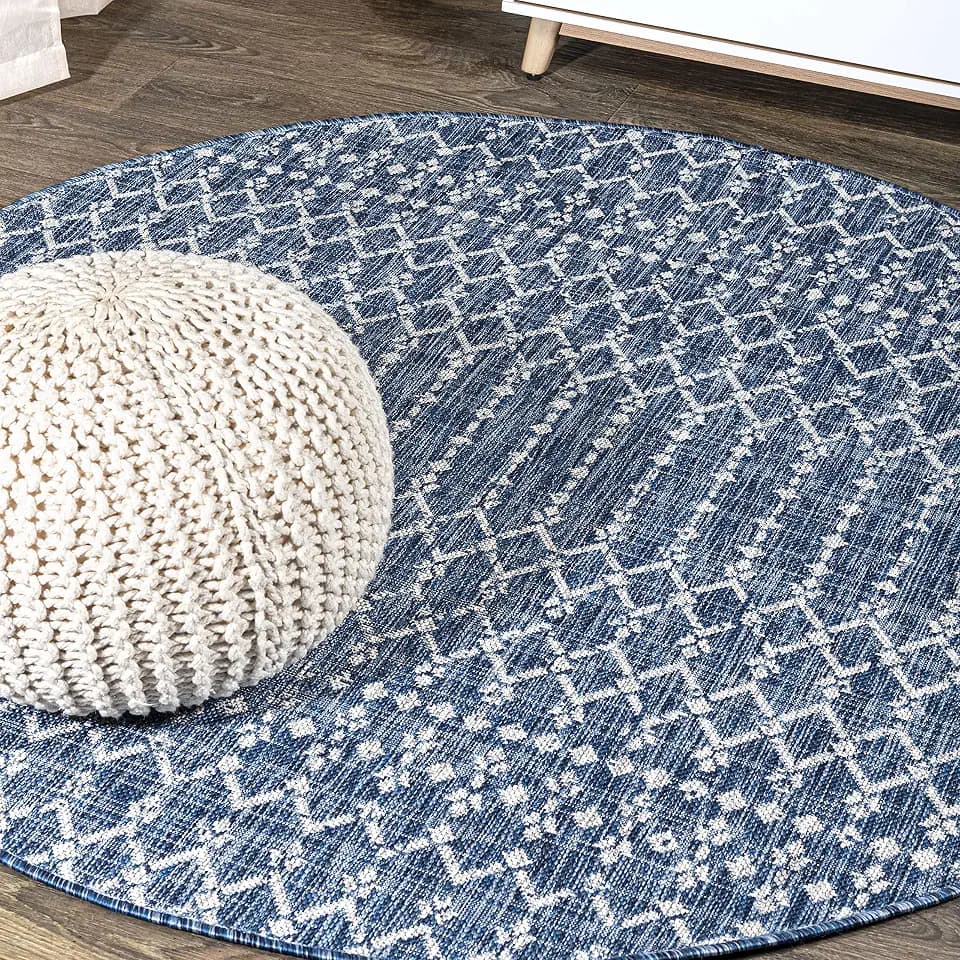JONATHAN Y Moroccan Geometric Indoor Outdoor Round Area Rug 3 Ft Navy/Light Gray, Ourika Textured Weave for Backyard, Patio, Porch, Easy-Cleaning, High Traffic, Pet-Friendly, Non-Shedding SMB108B-3R