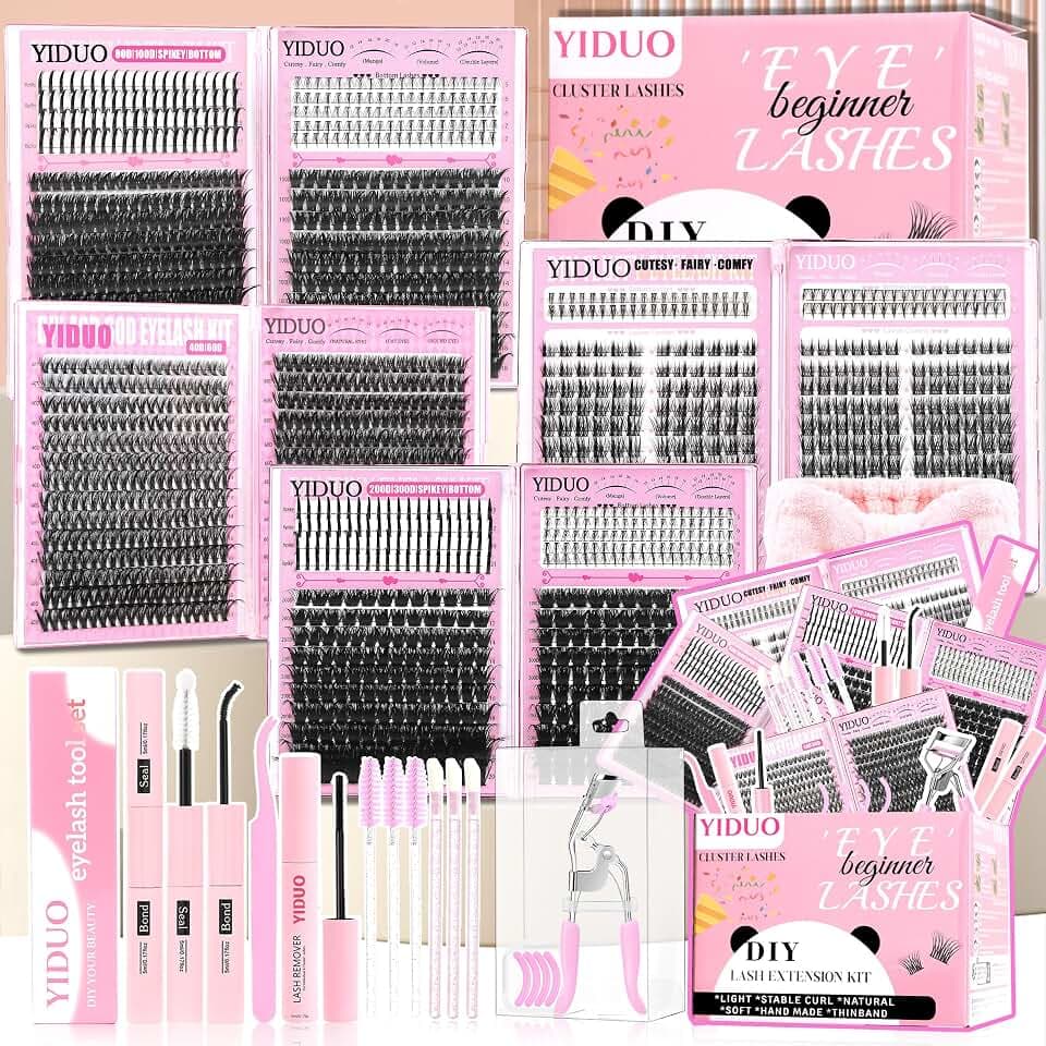 YIDUO 8 Styles Mix Lashes Clusters Kit 4 Box Cluster Lash Book Kit with Bond&Seal 1888Pcs 100D/200D/300D Volume Manga Eyelash Extension with Spikys/Bottom lash Kit for Beginners DIY at Home Easily