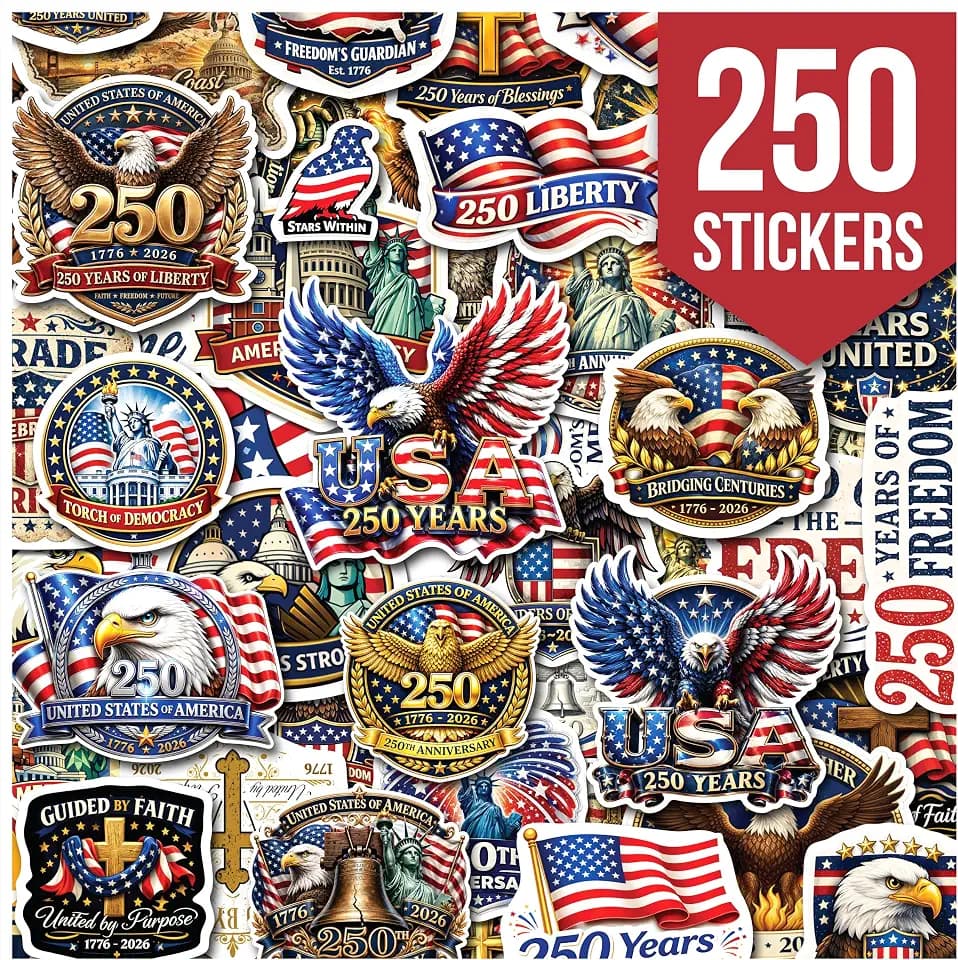 Premium 250 Pcs United States 250th Anniversary Stickers, 250 Unique Designs USA Waterproof Vinyl Decals for Laptop, Water Bottle, Phone, Luggage, Scrapbook & Independence Day Gifts