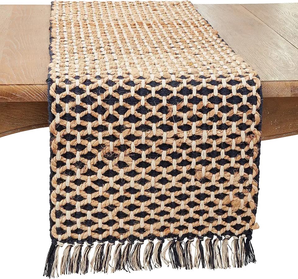 Saro Lifestyle Natural Jute Rope Table Runner, Navy Blue, 16"x72"