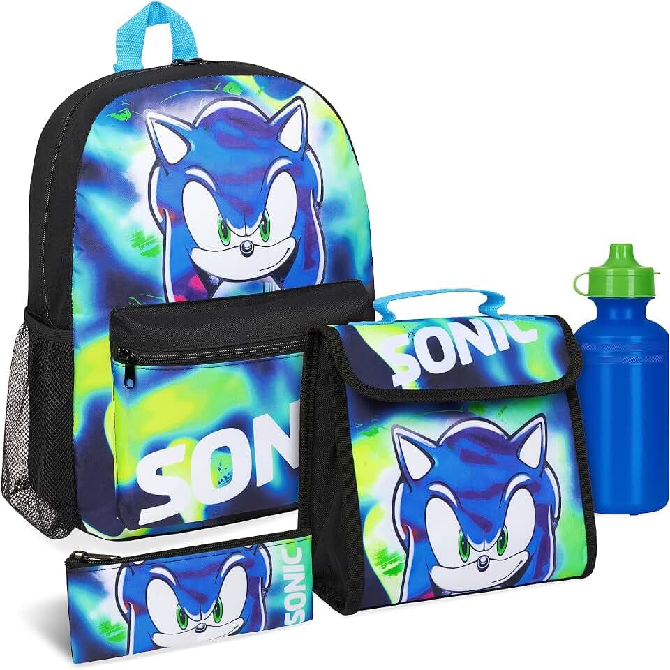Get Trend Sonic THE Hedgehog Rucksack Kinder 4er Set Trinkflasche Federmäppchen und Lunchtasche Shadow Kinderrucksack Schule Zubehör (Sonic 4er Set)