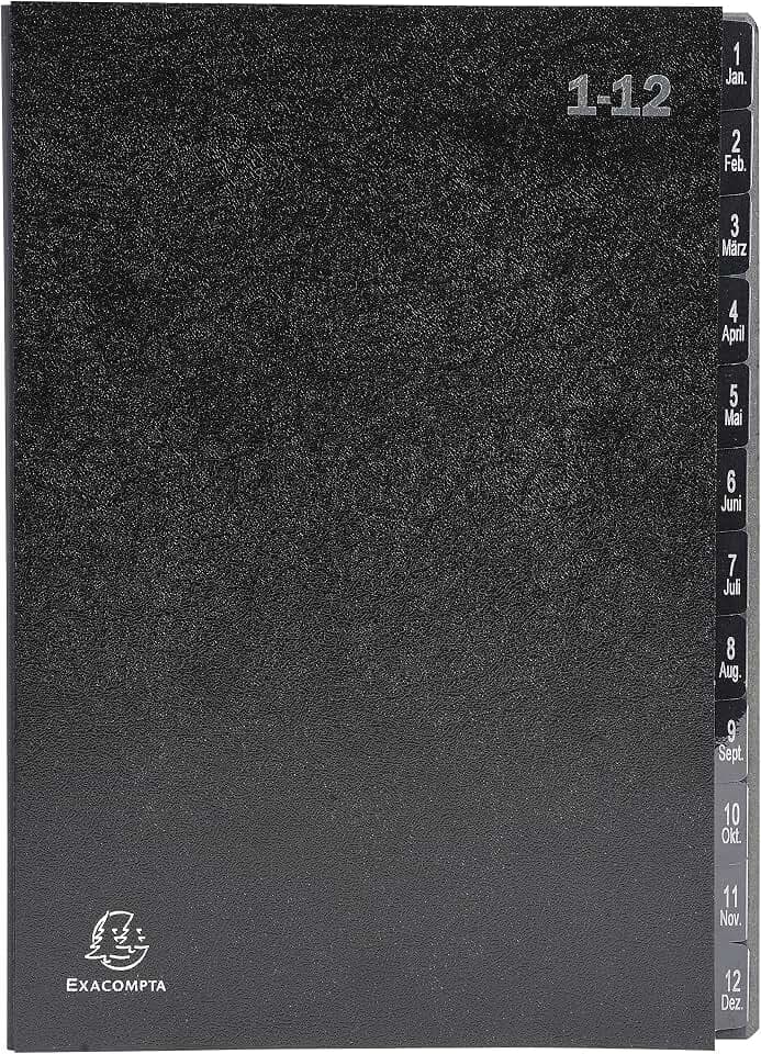 Exacompta 57012E Recycling Pultordner Ordonator aus extra starkem Karton 12 Fächer 1-12 für DIN A4 Sichtlöcher plastikverstärkte Taben Blauer Engel Ordnungsmappe Fächermappe Registermappe schwarz