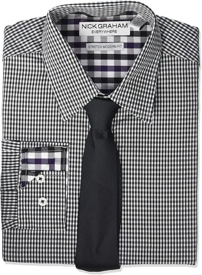 Nick Graham mens Stretch Modern Fit Gingham Dress Shirt and Solid Tie Set