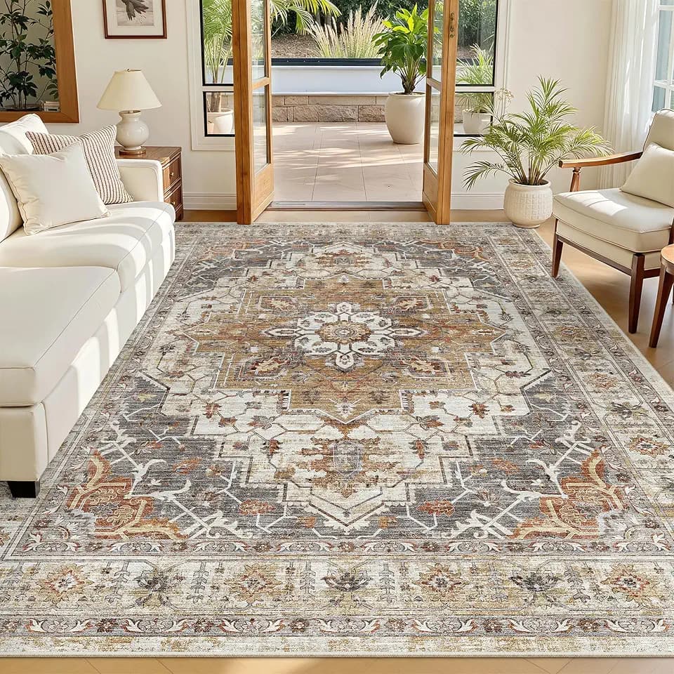 Madane 5x7 Area Rugs for Living Room, Non-Slip Washable Rug, Turmeric/Grey