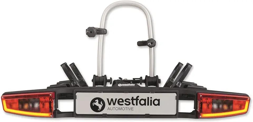 Westfalia Bikelander Fahrradträger für die Anhängerkupplung | Kupplungsträger für 2 Fahrräder | E-Bike geeignet | zusammenklappbar | LED-Hybrid-Leuchten