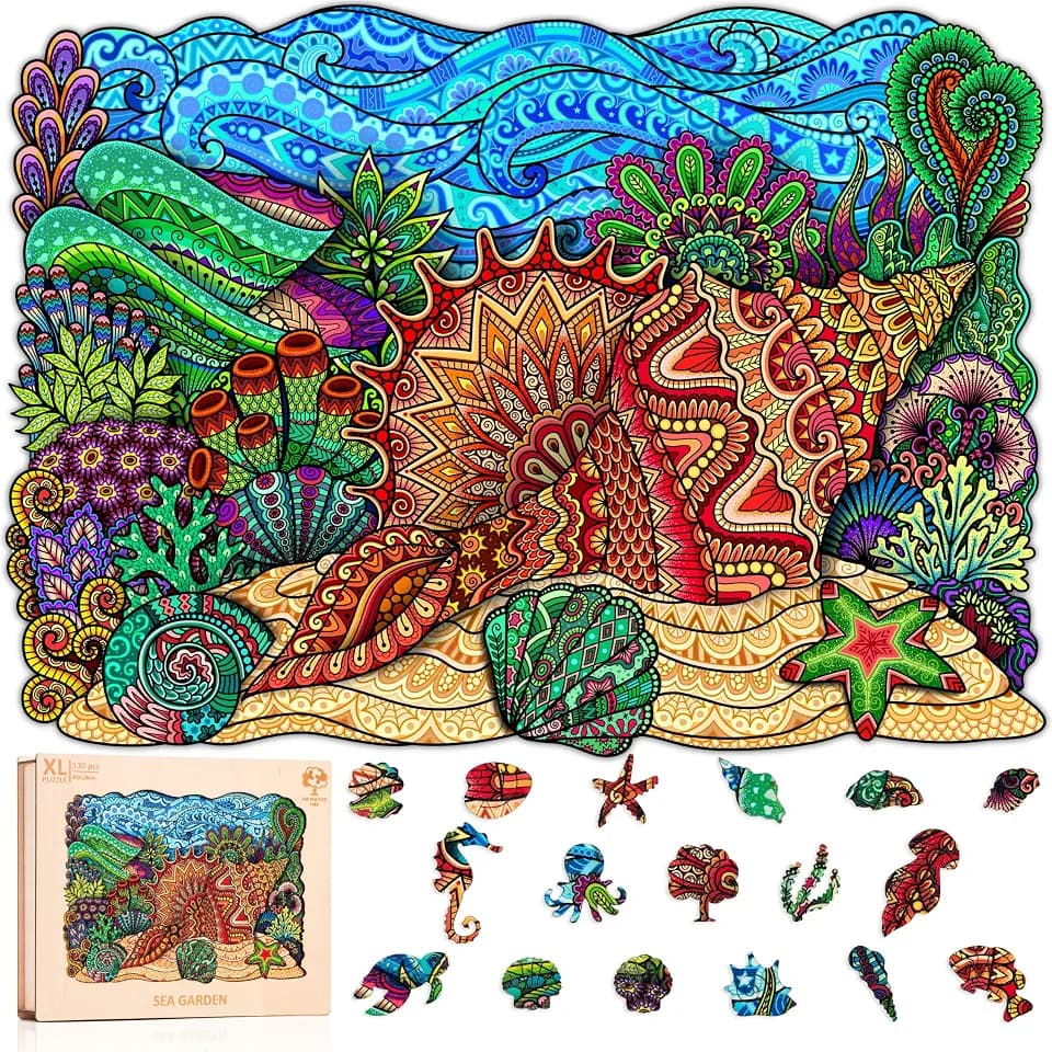 Wooden Jigsaw Puzzles for Adults XL 320 Piece (40x27cm) – Sea Garden Relaxing Jigsaw Puzzle for Adults by The Puzzled Tree Unique Gift Ready Nature Puzzles Flower