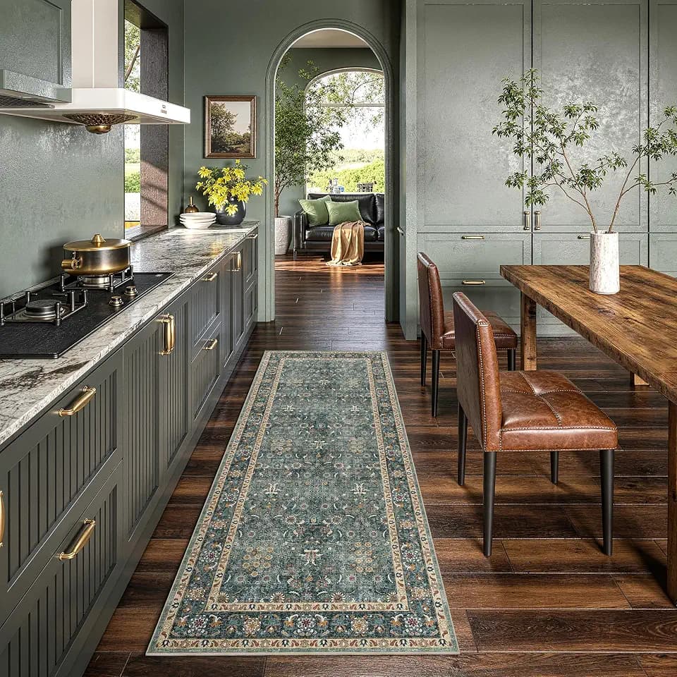 Washable 2x7 Entryway Runner Rug, Non-Slip Low Pile Rugs, Green