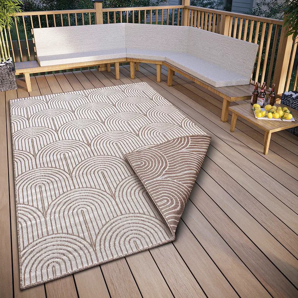Hanse Home Pangli Outdoor Teppich Wetterfest – Wendeteppich Skandinavischer Boho Style Wasserfest Einfarbig Geometrisch 3D-Effekt für Garten, Balkon, Terrasse, Wohnzimmer – Linen, 160x230cm