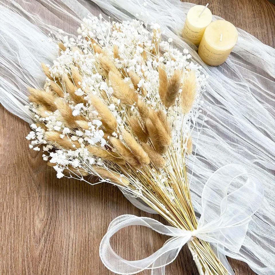 Bunny Tails Dried Flowers Bouquet Fluffy Nature Pampas Grass with Baby Breath Flowers Artificial Flower for Table Bookshelf Home Festival Hobo Wedding Decor (Beige)