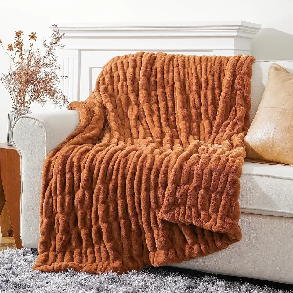 BATTILO Burnt Orange Faux Fur Throw Blanket for Couch, 50"x60", Double Side