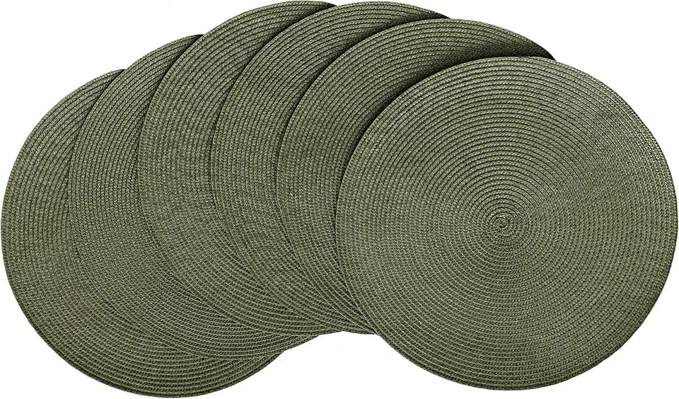 HODJOY Placemat, Round Placemat for Dining Table, Washable Woven Placemats for Christmas, 15 inch, Set of 6, Olive