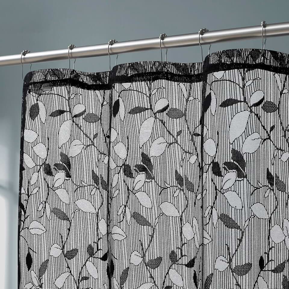LinenZone 84 Inch Black Lace Shower Curtain with Leaves.(Grace 72x84 Black)