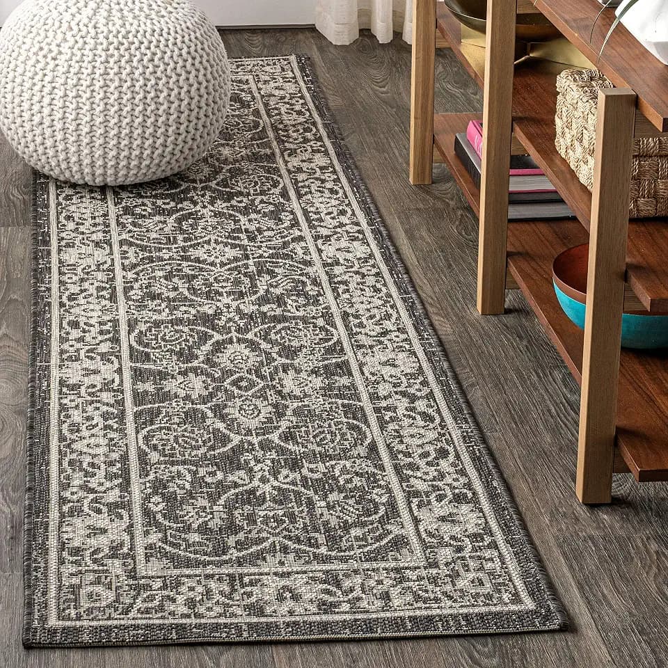 JONATHAN Y Vine & Border Indoor Outdoor Runner Rug 2X8 Black/Gray, Palazzo Textured Weave for Backyard, Patio, Porch, Easy-Cleaning, High Traffic, Pet-Friendly, Non-Shedding (SMB103C-28)