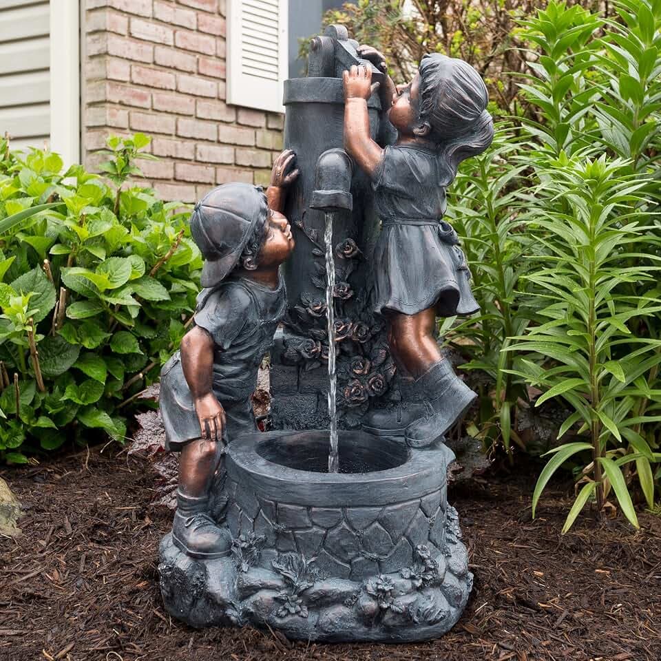 Pure Garden Boy and Girl Outdoor Water Fountain, Antique Bronze