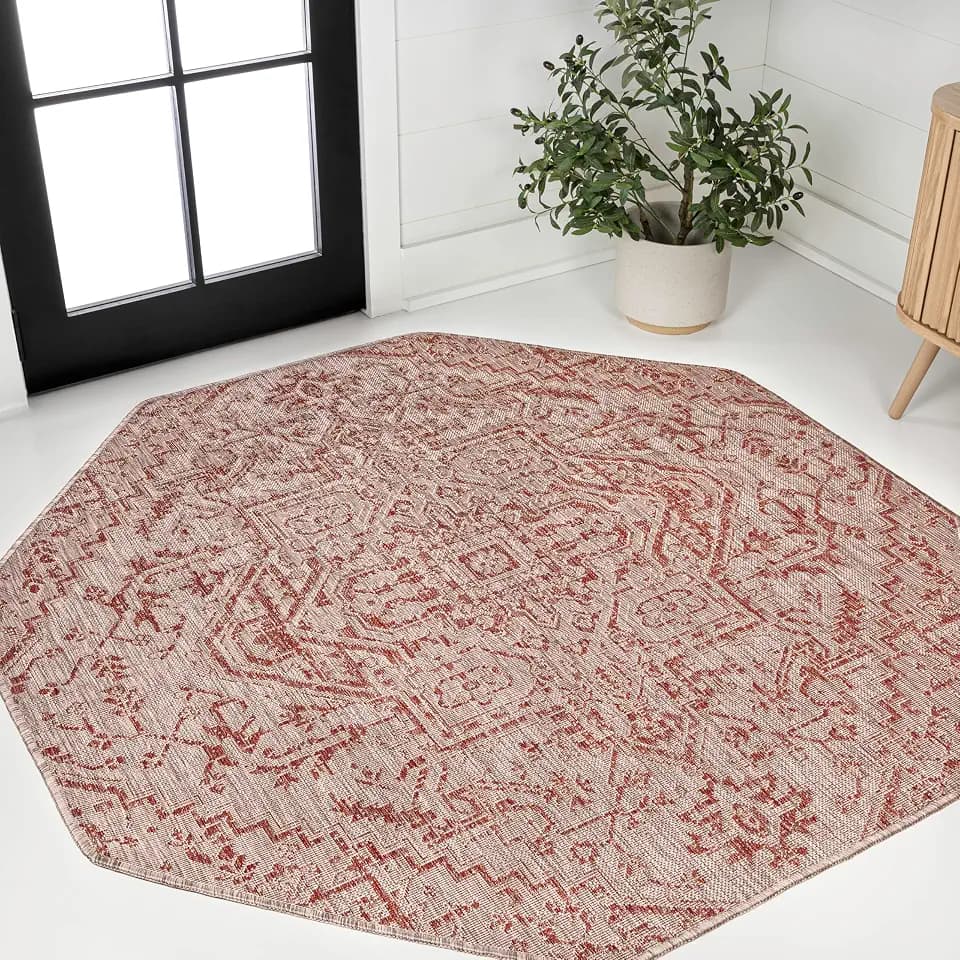 JONATHAN Y Boho Medallion Indoor Outdoor Octagon Area Rug 8 Ft Red/Taupe, Estrella Textured Weave for Backyard, Patio, Porch, Easy-Cleaning, High Traffic, Pet-Friendly, Non-Shedding (SMB105A-8TGN)