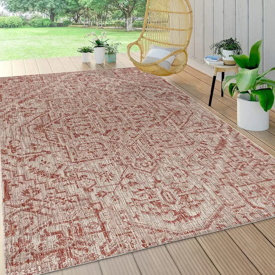 JONATHAN Y SMB105A-8 Estrella Bohemian Medaillon Strukturierter Teppich für den Innen- und Außenbereich, leicht zu reinigen, Schlafzimmer, Küche, Hof, Terrasse, nicht fusselnd, 240 x 300 cm, Rot/Taupe