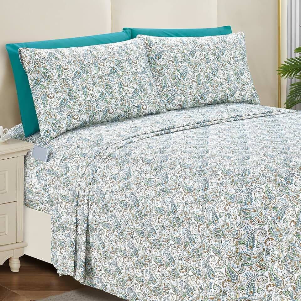 Elegant Comfort Weichstes und gemütlichstes 6-teiliges Bettlaken-Set, 1500 Premium-Mikrofaser in Hotelqualität, Tiefe Taschen, knitterfrei, 6-teiliges Paisleymuster-Bettwäsche-Set, Full, Blaugrün