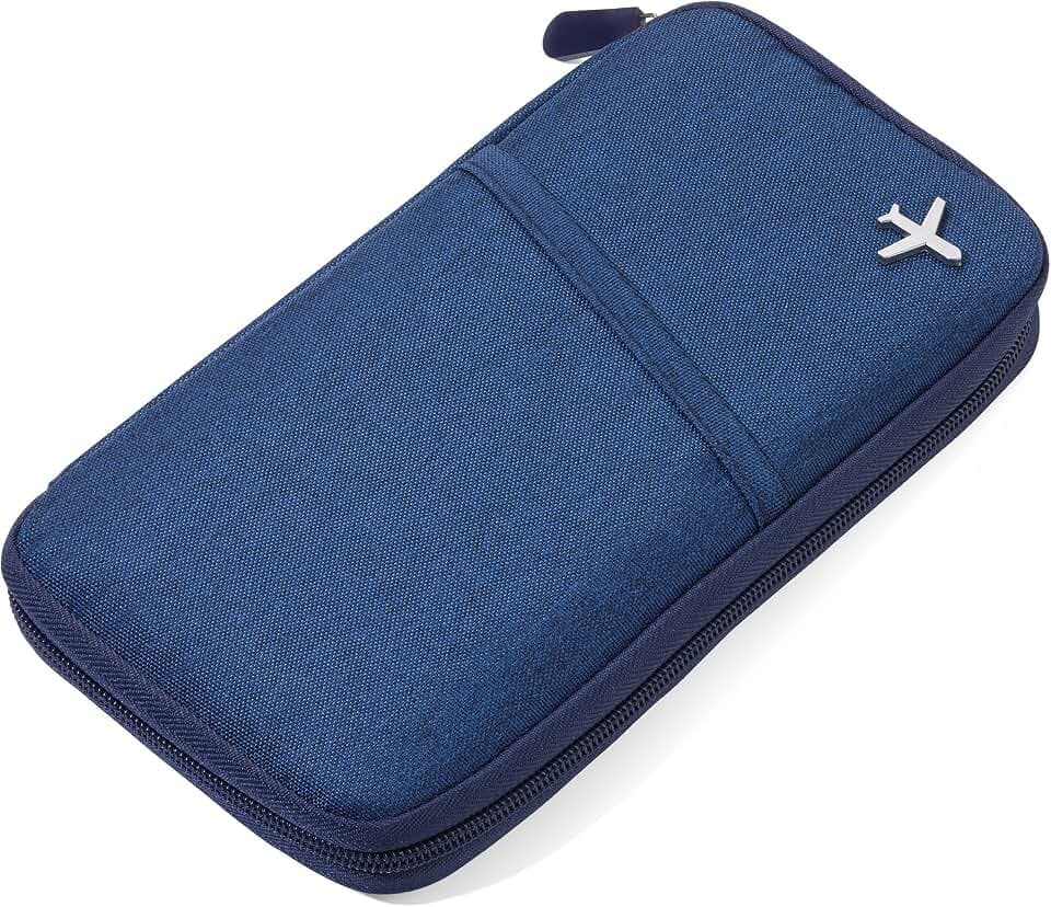 TROIKA SAFE FLIGHT - TRV20/DB - Etui für Reisedokumente - mit Ausleseschutzfolie (für RFID-Chips) - Reißverschluss - 12 Innenfächer - Stiftschlaufe - Polyester - dunkelblau/orange