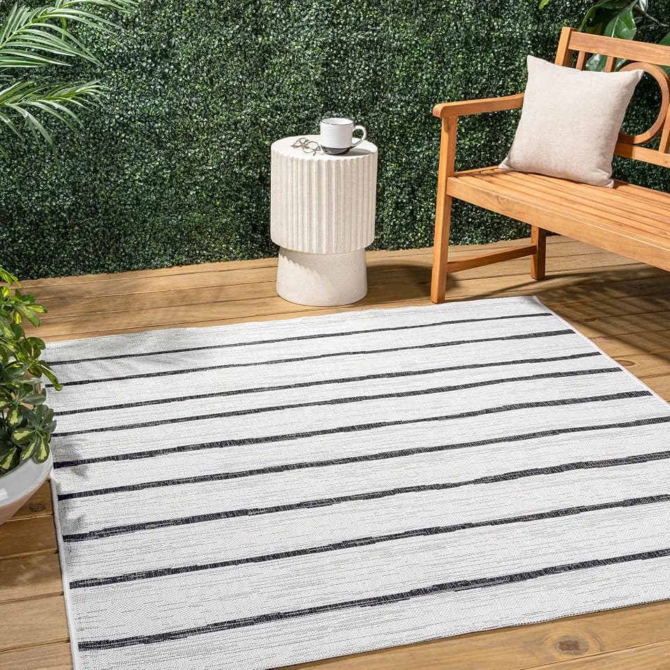 JONATHAN Y Berber Stripe Indoor Outdoor Square Area Rug 4X4 Ivory/Black, Colonia for Backyard, Patio, Porch, Easy-Cleaning, High Traffic, Pet-Friendly, Non-Shedding (SMB125D-4SQ)