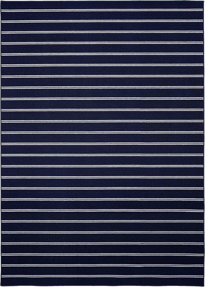 Garland Rug Avery Striped Navy Blue/ White 7 Ft X 10 Ft Rug Non-Slip, Soft, Stain-Resistant Ideal For Living Rooms & Hallways, Stylish & Durable For High-Traffic Areas
