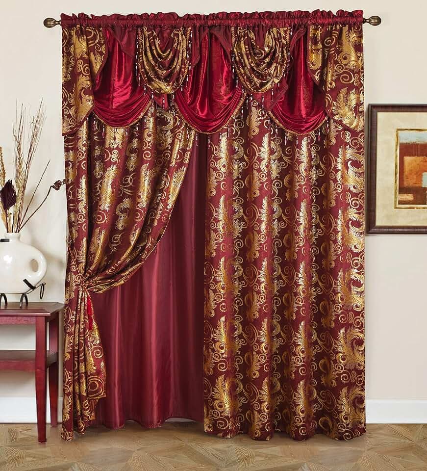 Golden Rugs Jacquard Luxury Vorhang Fensterpaneel Set Vorhang mit angenähtem Volant und Rückseite Schlafzimmer Wohnzimmer Esszimmer 284,5 cm x 213 cm Jana Collection (Burgundy)