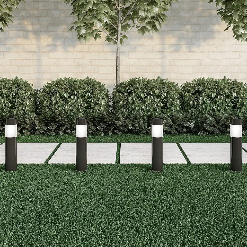 Solar Path Bollard Lights, Set of 6-15” Stainless Steel Outdoor Stake Lighting for Garden, Landscape, Yard, Driveway, Walkway by Pure Garden (Black) (White Lights)