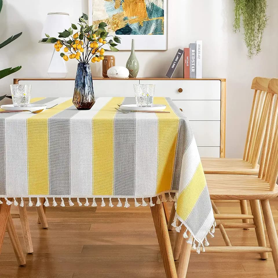 AmHoo Striped Tassel Tablecloth Stitching Rectangle Table Cloth Table Cover for Kitchen Dinning Tabletop 55 x 86 Inch Yellow