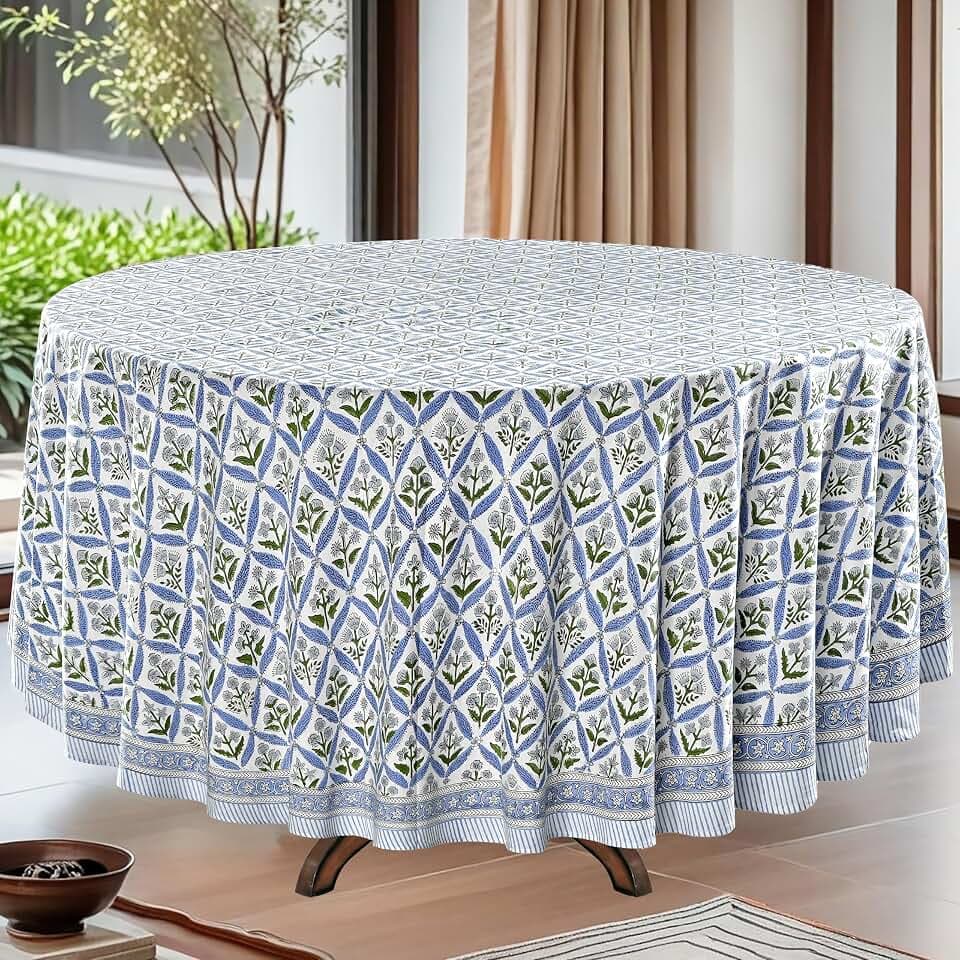 Ridhi Block Print Round Tablecloth Light Steel Blue 120 Inch 100% Cotton