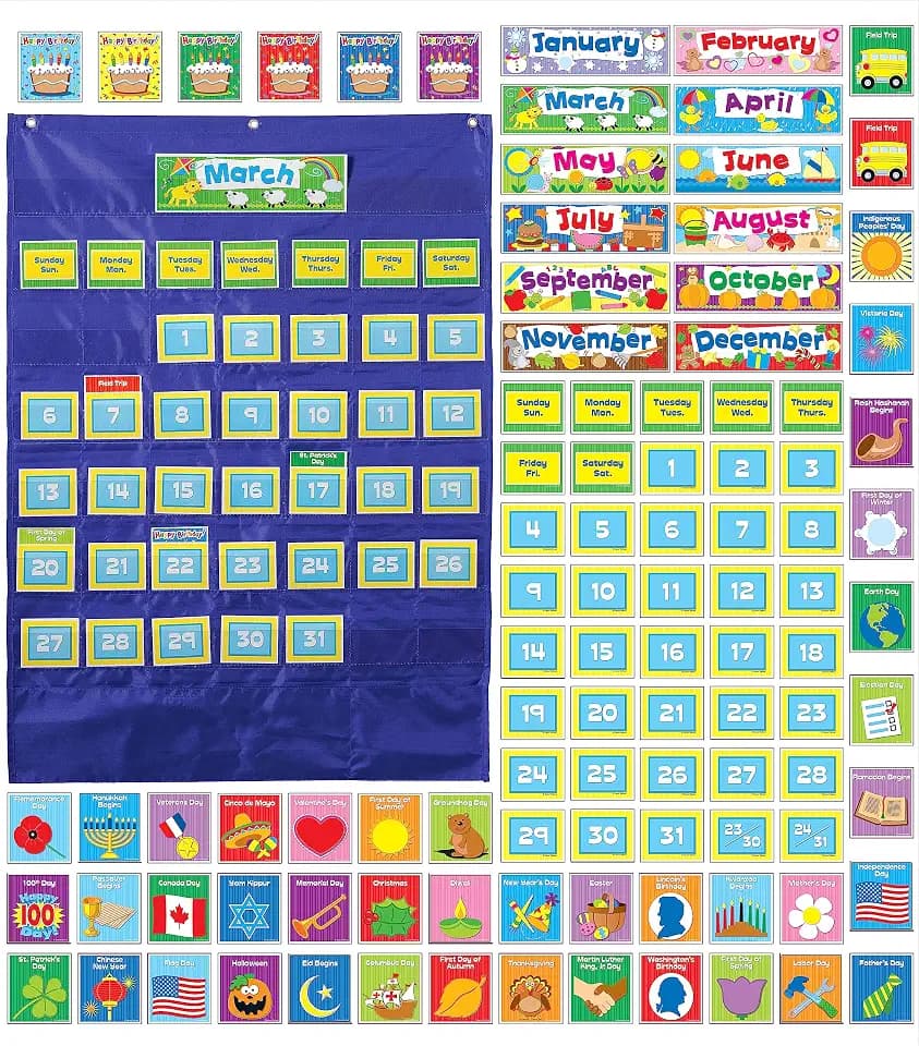 Carson Dellosa Deluxe Calendar Pocket Chart Monthly Classroom Calendar Pocket Chart with Day, Week, Holiday Cards & Storage Pouches - 25" x 35"