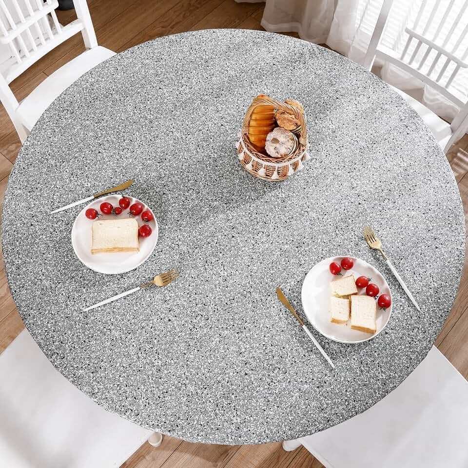 Round Vinyl Fitted Tablecloth with Flannel Backing Elastic Edge Design Table Cover Waterproof Oil-Proof PVC Table Cloth Stain-Resistant Wipeable for 37"-44" Round Table