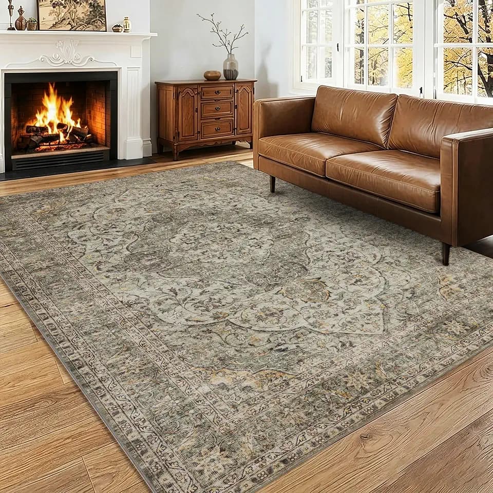RCTJHOME 5x7 Olive Green Vintage Washable Area Rug Non-Slip Soft Carpet