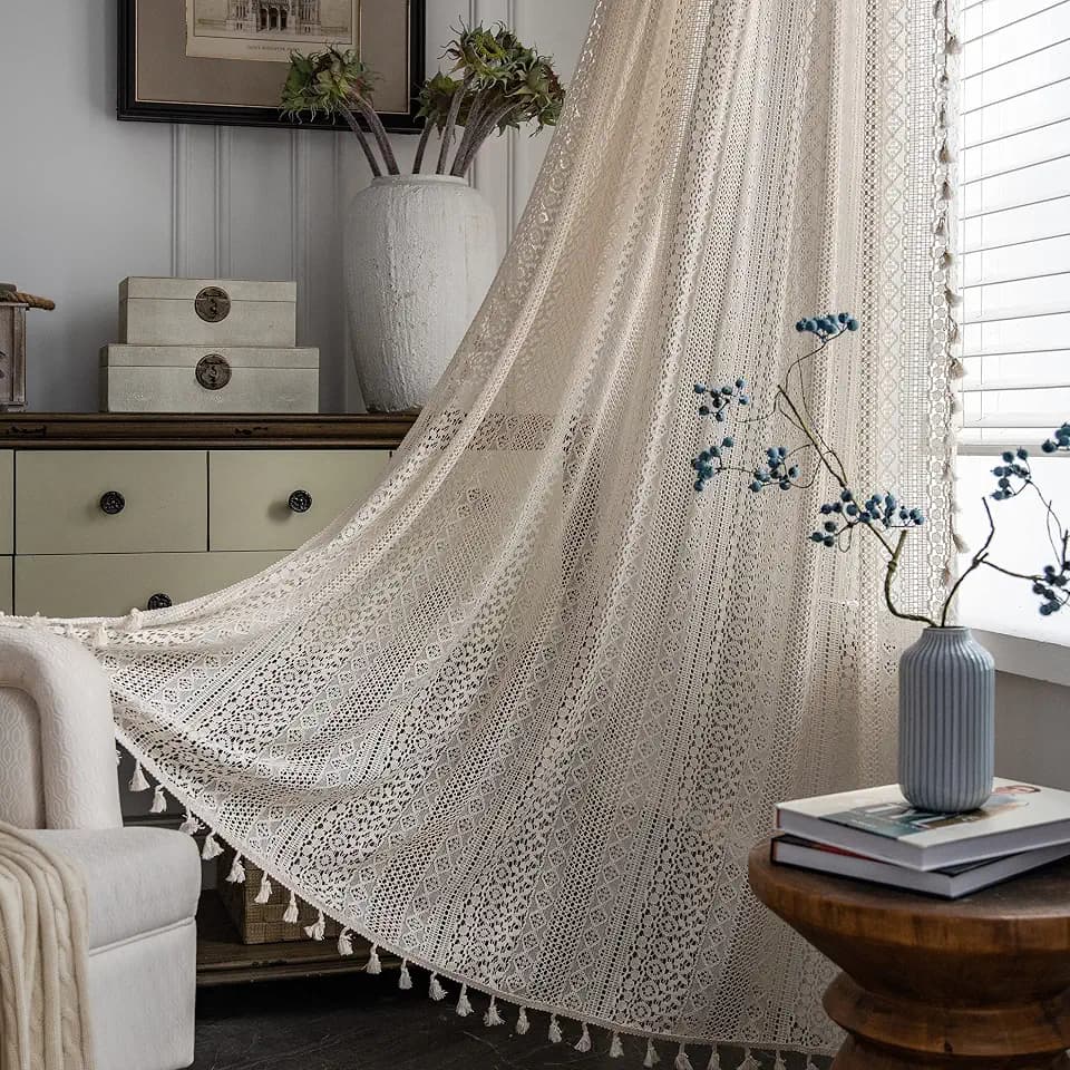 Sutuo Home Beige Boho Lace Sheer Curtains for Bedroom 59" W x 90" L,1 Panel