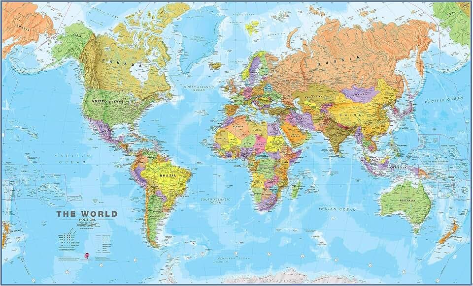 Maps International World Wall Map - Map of The World Poster - Front Lamination - 47 x 33 - Updated 2025