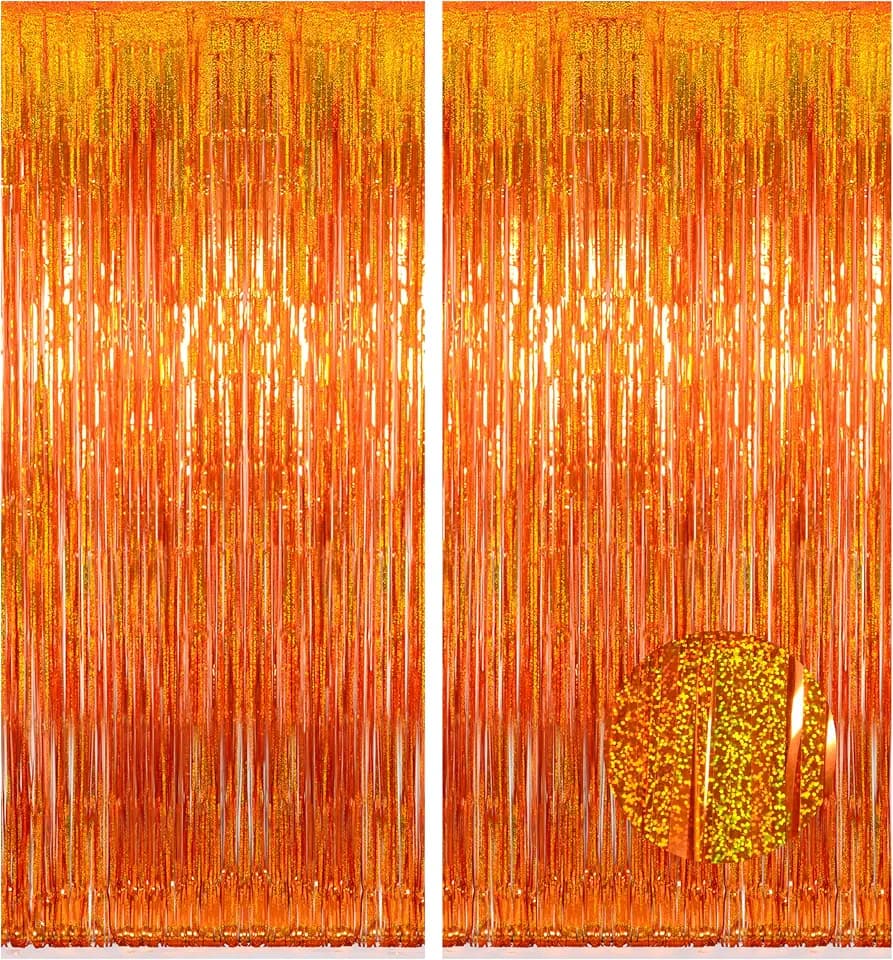 Melsan Orange Tinsel Fringe Backdrop for Birthday, 2 Pack 3.2ft x 8ft