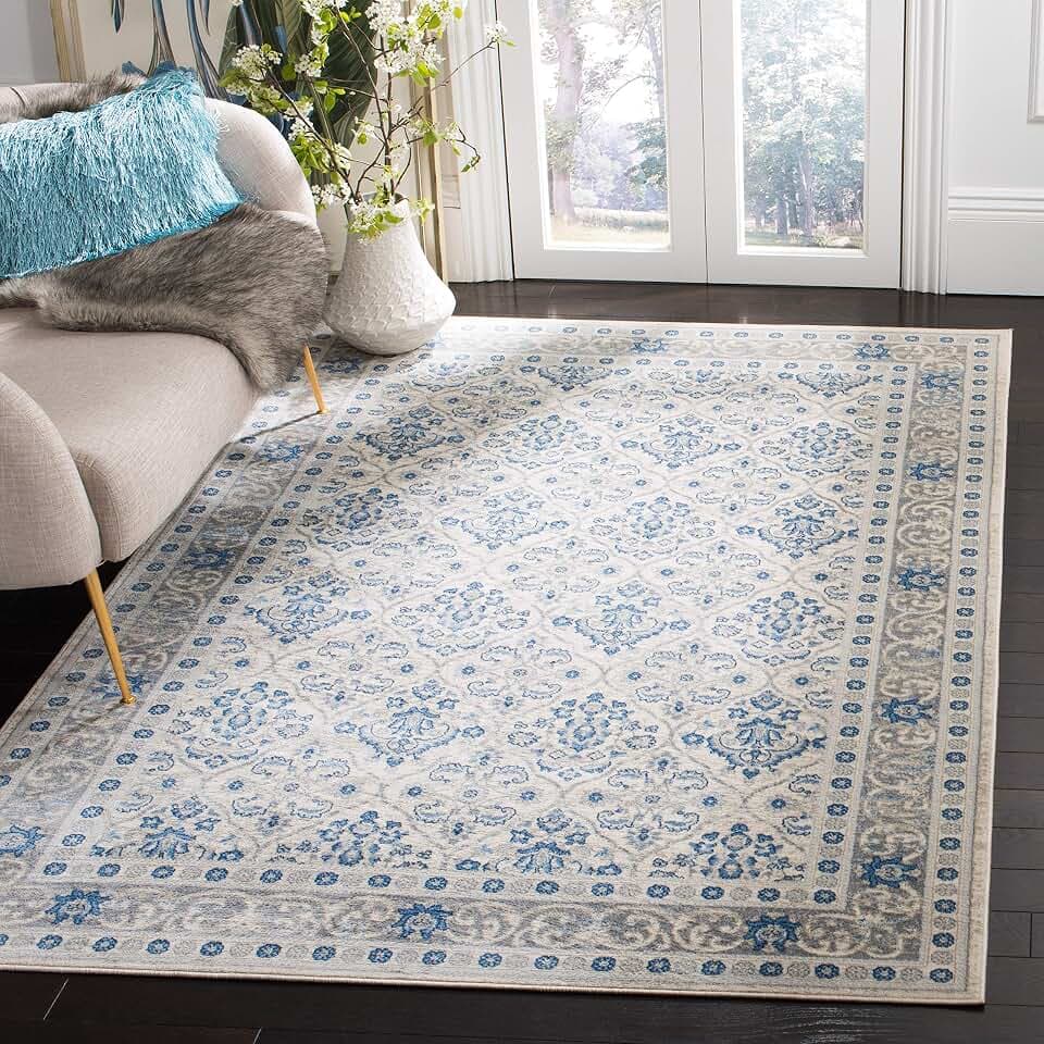 Safavieh Traditionell Teppich für Wohnzimmer, Esszimmer, Schlafzimmer - Brentwood Collection, Kurzer Flor, Hellgrau und Blau, 122 X 183 cm