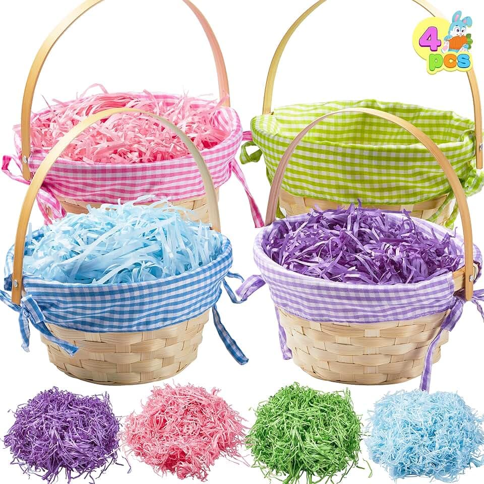 JOYIN 4 Stück Oster-Bambuskörbe, Geschenkkörbe mit Griffen und 4 Farben, Gras-Papierschnipsel, Süßigkeiten-Weiden-Spielzeug, Aufbewahrungseimer für Ostereiersuche, Kinder-Partyzubehör (22,9 x 20,3 cm)