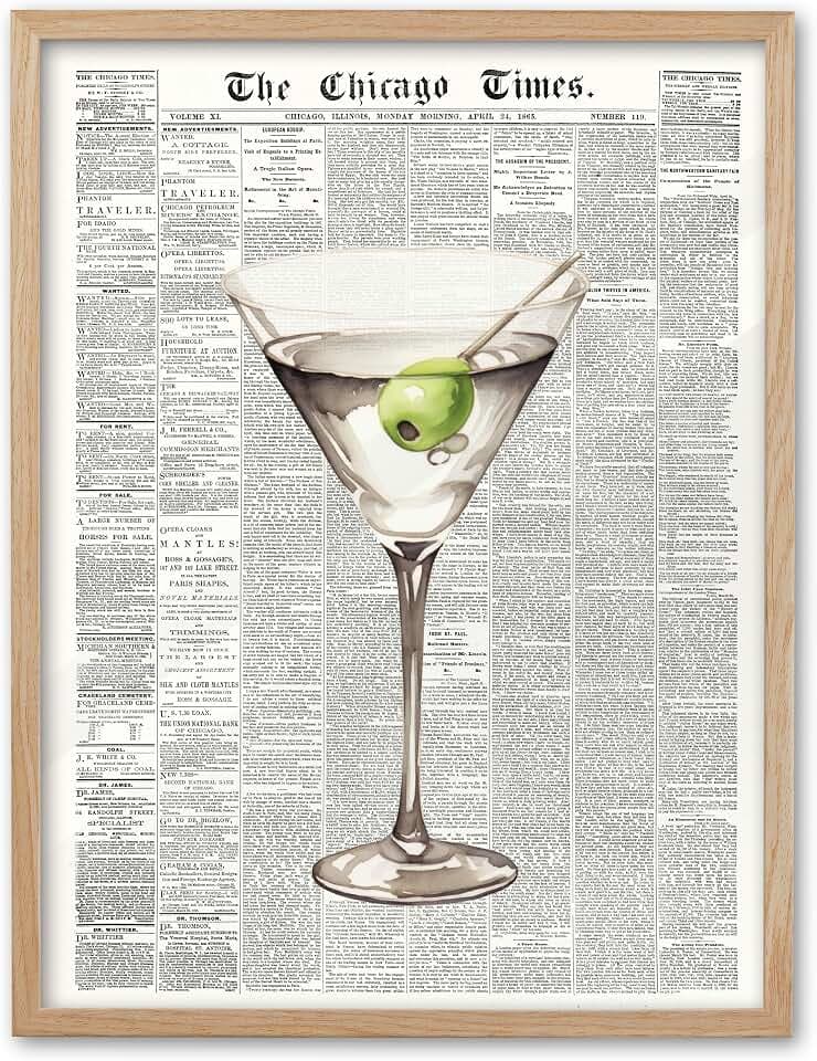 EcoHest 12x16 in Martini Newspaper Framed Wall Art for Bar Cart