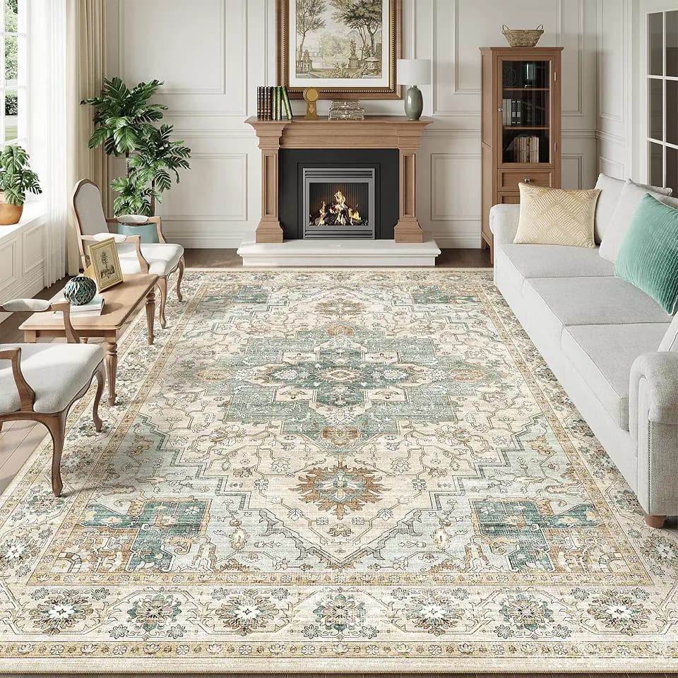 Washable 8x10 Area Rugs, Non Slip Living Room Rug Green/Beige