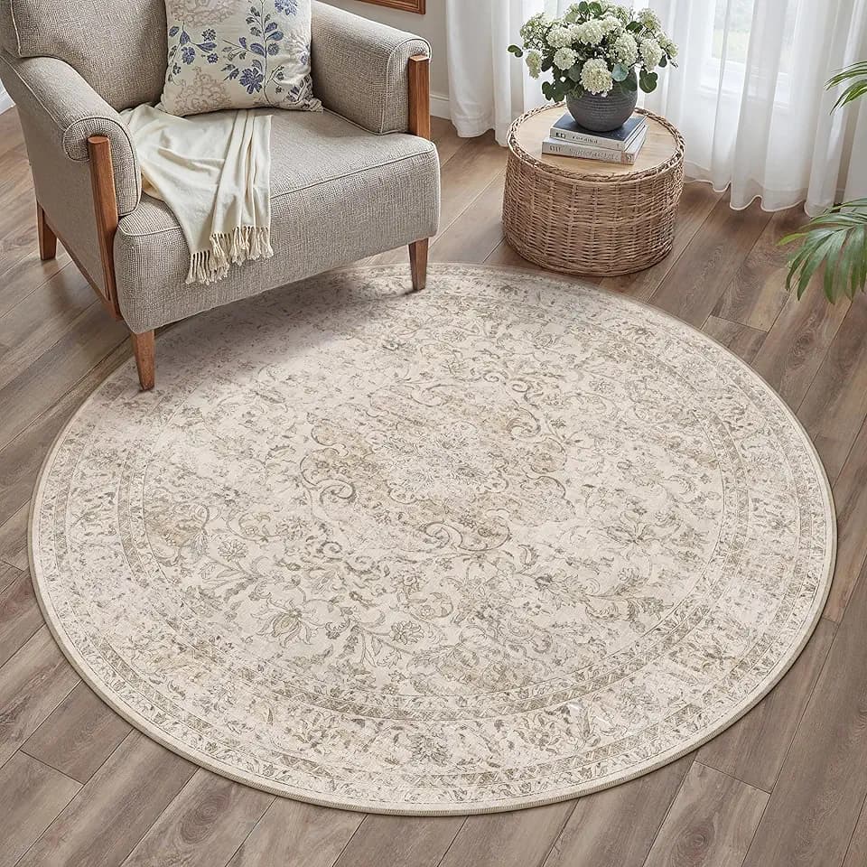 HUGEAR Vintage Teppich Rund 150cm Beige Waschbar