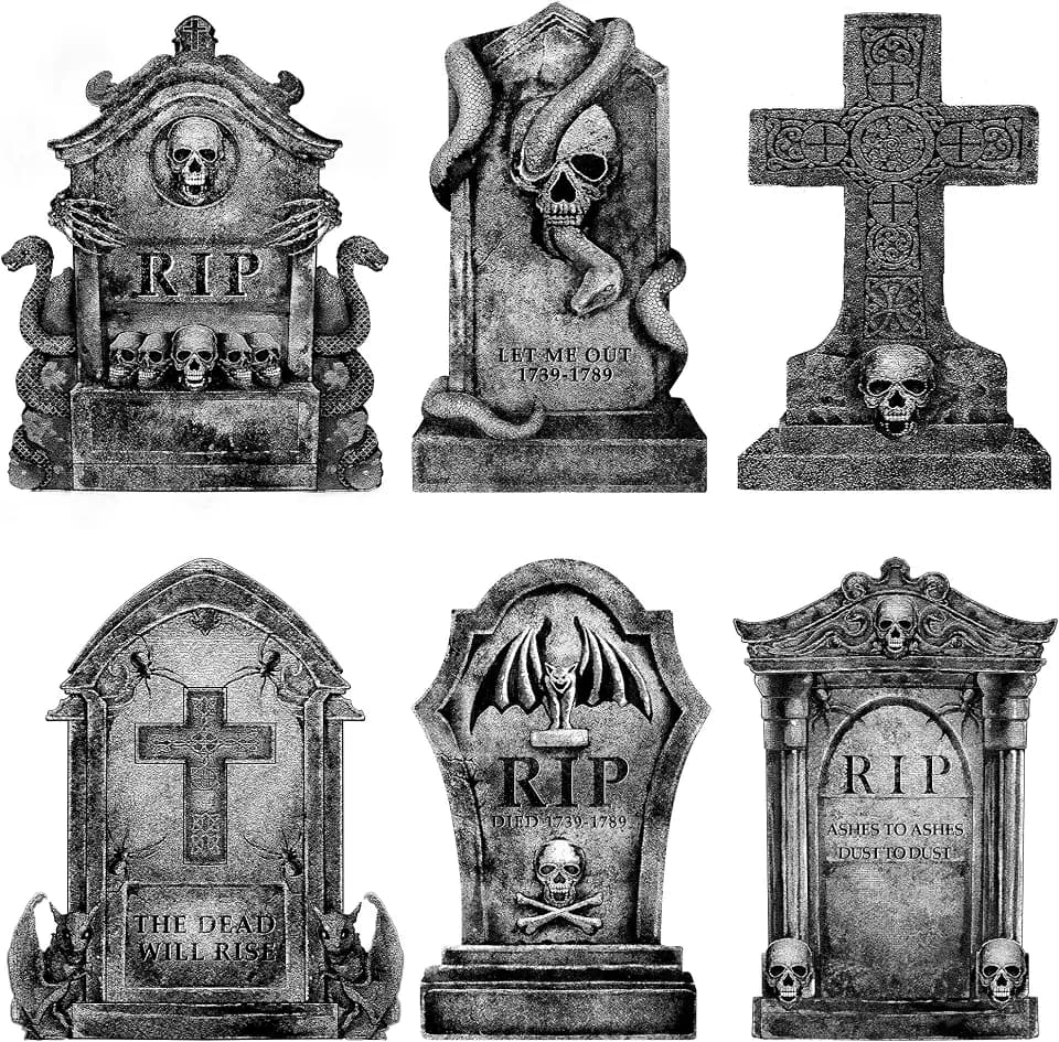 Halloween Decorations Outdoor Graveyard Tombstones: 6ct Large Tombstone Halloween Decor Yard Signs with Stakes, 16" Realistic Scary Skeleton RIP Cemetery Gravestones for Yard Lawn Outside Home Party