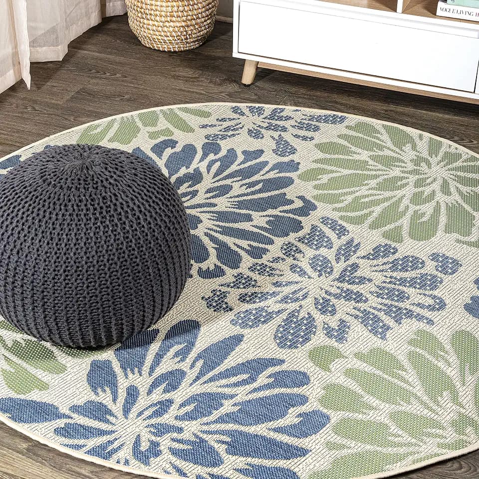 JONATHAN Y Floral Textured Weave Indoor Outdoor Round Area Rug 4 Ft Navy/Green, Zinnia Modern for Backyard, Patio, Porch, Easy-Cleaning, High Traffic, Pet-Friendly, Non-Shedding (SMB110B-4R)